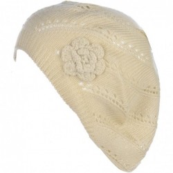 Berets Chic Parisian Style Soft Lightweight Crochet Cutout Knit Beret Beanie Hat - Swirl Cream - CP12MX7VBMD $20.31