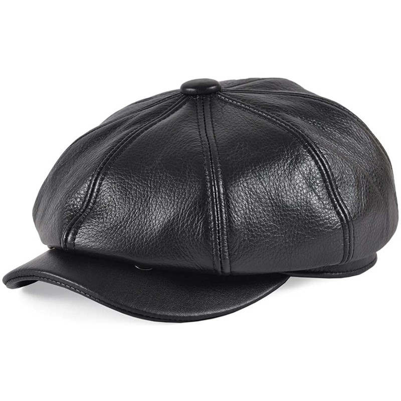 Newsboy Caps First Layer Cowhide Leather Ivy Hat Cap Eight Panel Cabbie Newsboy Beret Hat - Black - C1192TYXMK2 $36.58