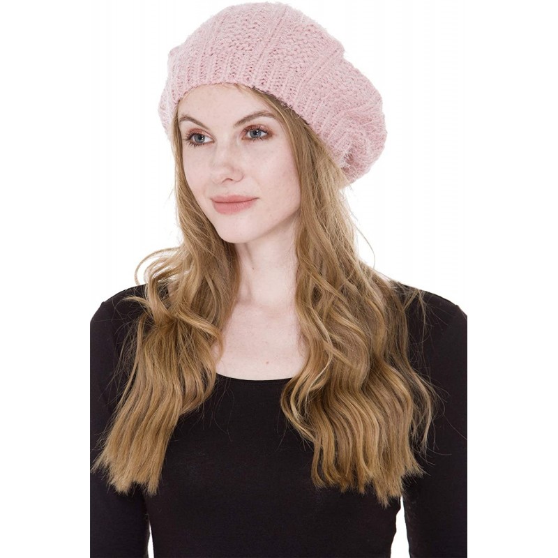 Berets Women's Warm Soft Plain Color Urban Boho Slouch Winter Cable Knitted Beret Hat Skull Hat - Pink2 - CI195U0NUNQ $16.28
