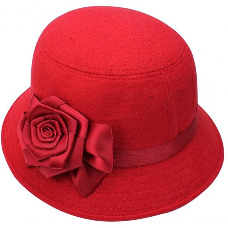 Bucket Hats Hot Fashion Women Ladies Vintage Elegant Cloche Flower Rose Bucket Hat Cap - Red - CG11KPC94JX $17.07