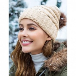 Skullies & Beanies Faux Fur Pom Pom Cable Knit Beanie Women Slouchy Beanie Chunky Baggy Hat Winter Soft Warm Ski Cap - Aprico...