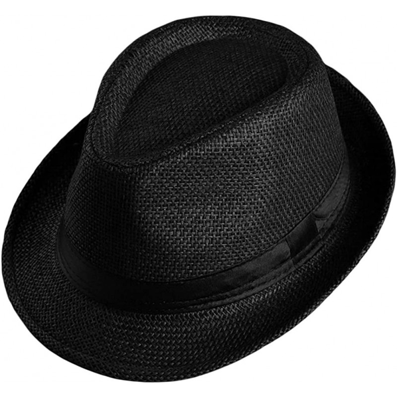 Fedoras Men Women Straw Trilby Hat Fedora Short Upturn Brim FFH391BE1 - Ffh391 Black (Stripe Decoration) - CT187HTON07 $18.32