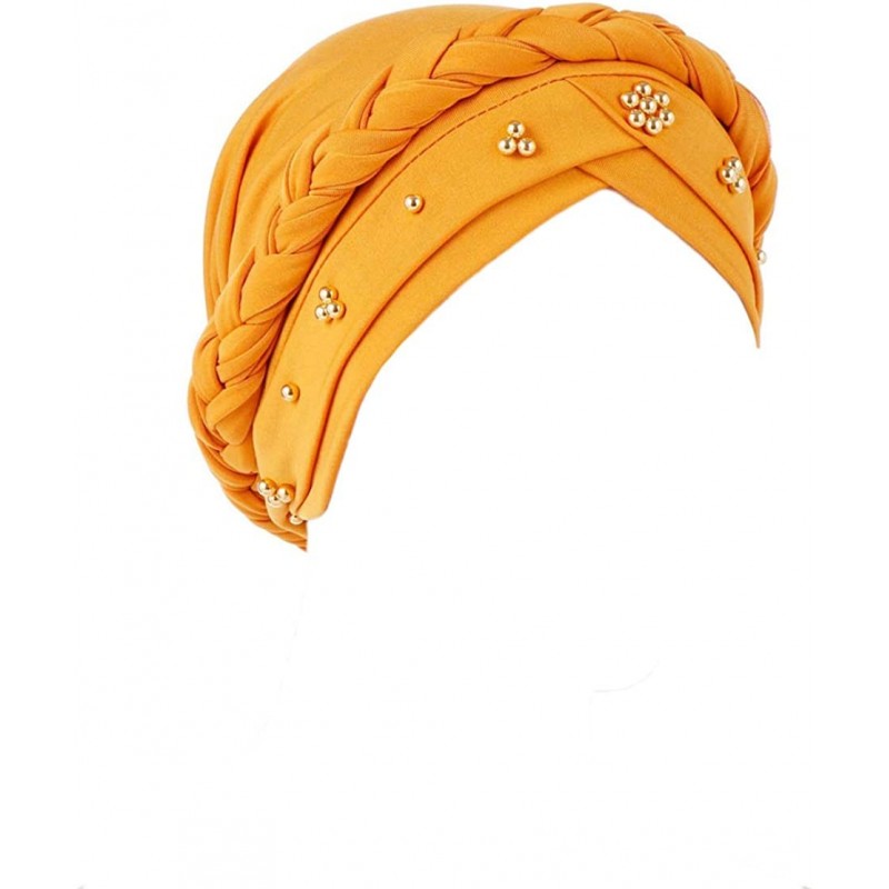 Skullies & Beanies Womens Braided Head Wraps Muslim Hair Scarves Turban Headwear Chemo Hats - Yellow - CM18WGH6H4X $24.08