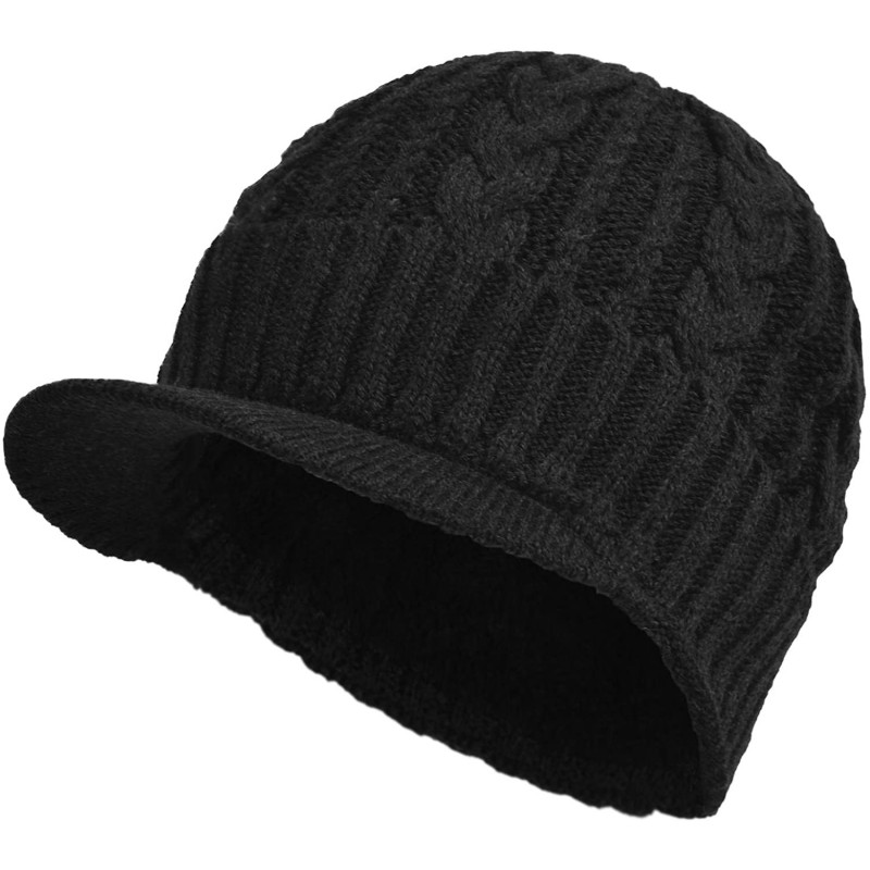 Skullies & Beanies Daily Knit Visor Brim Beanie Hat Fleece Lined Skull Ski Cap - Black-ck - CG186SDI087 $27.00