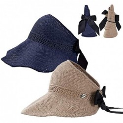 Sun Hats Summer Straw Beach Sun Visor Ponytail Hats for Women Foldable Floppy - Bk-khiki/Navi Blue - C3194TESSM2 $38.41