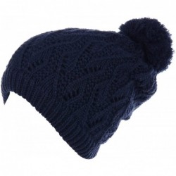 Skullies & Beanies Winter Big Pom Pom Beanie Hat Wool Blend Fleece Lined Color Block 2 Styles - Navy Pom - CF18XQGHR49 $36.96