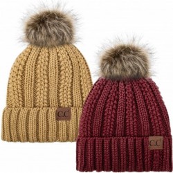 Skullies & Beanies Thick Cable Knit Hat Faux Fur Pom Fleece Lined Cap Cuff Beanie 2 Pack - Burgundy/Camel - CL1925278RY $47.63