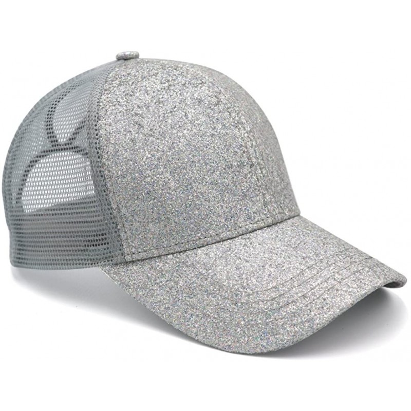 Baseball Caps Womens Ponytail Messy High Buns Trucker Ponycaps Plain Baseball Cap Dad Hat Adjustable Snapback - Glitter Silve...
