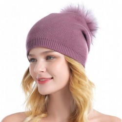 Skullies & Beanies Women Knit Wool Beanie - Winter Solid Cashmere Ski Hats Real Raccoon Fur Pom Pom - 09- Cameo - CY18KG876RH...
