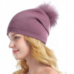 Skullies & Beanies Women Knit Wool Beanie - Winter Solid Cashmere Ski Hats Real Raccoon Fur Pom Pom - 09- Cameo - CY18KG876RH...