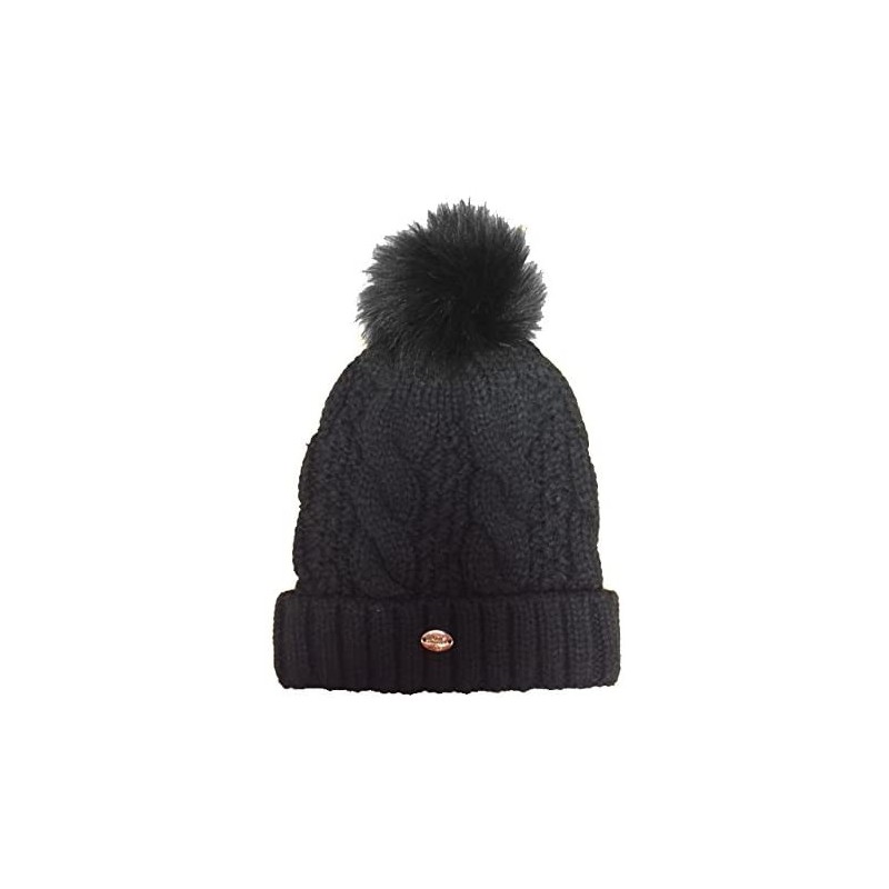 Skullies & Beanies Cable Knit Faux Fur Pom Pom Hat - Black - CI12NAE4PAO $23.05