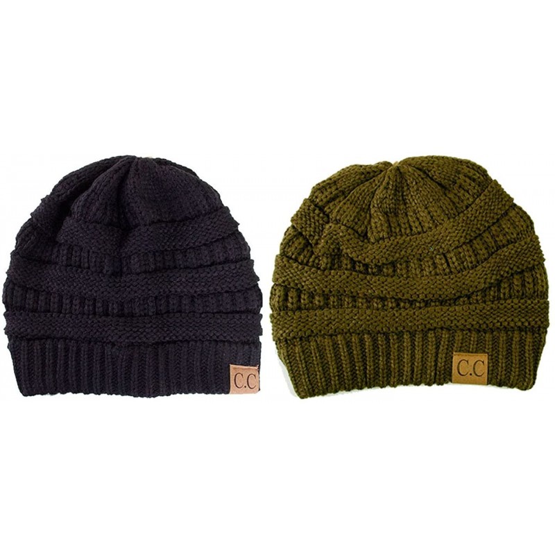 Skullies & Beanies Trendy Warm Chunky Soft Stretch Cable Knit Beanie Skull Cap - 2 Pack Black/New Olive - C612N32T5UL $33.55