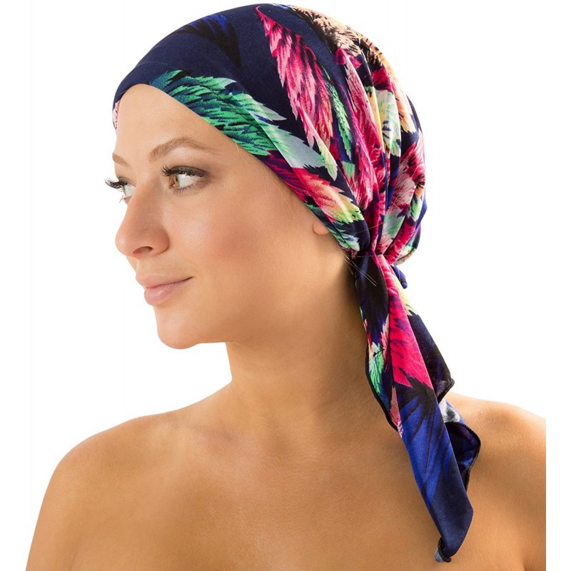 Skullies & Beanies Pre Tied Bandana Turban Chemo Head Scarf Sleep Hair Cover Hat - Blue/Pink Tropical Fronds - CV12L9RD6EB $3...