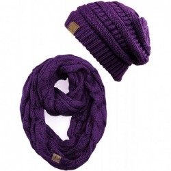 Skullies & Beanies Unisex Soft Stretch Chunky Cable Knit Beanie and Infinity Loop Scarf Set - Dark Purple - CF18KIU280N $44.67