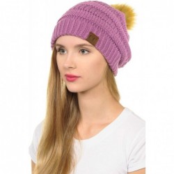 Skullies & Beanies Hat-43 Thick Warm Cap Hat Skully Faux Fur Pom Pom Cable Knit Beanie - New Lavender - CU18X8X0QT2 $20.79