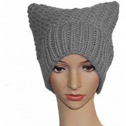 Skullies & Beanies 100% Handmade Knitted Pussy Cat Hat for Women's March Winter Warm Beanie Cap - Light Grey - CE18L6NSAL3 $1...