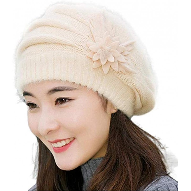 Skullies & Beanies Women's Winter Beret Hat Fleece Lined Soft Warm Beanie Cap with Flower Accent - Beige - C318KN87ZTA $33.88