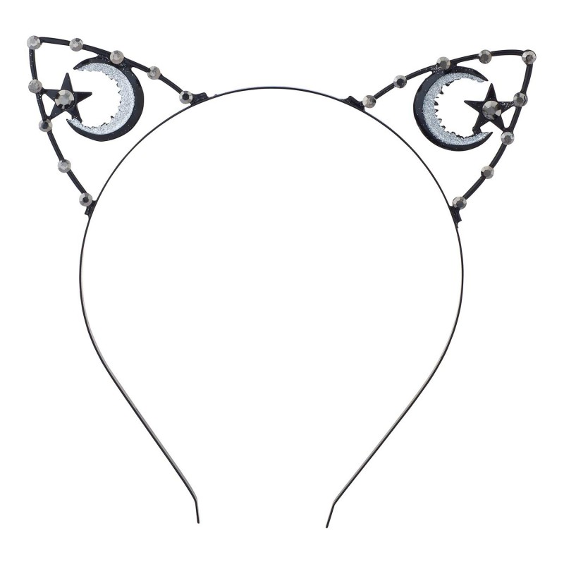 Headbands Black Half Moon Star Silvertone Rhinestones Cat Ears Headband - CK18LILQUW6 $17.95