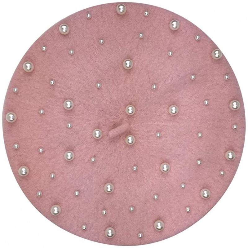 Berets Womens French Artist Solid 100% Wool Beret Hats with Full Pearl - Pink - CL18LSAZEYH $26.51