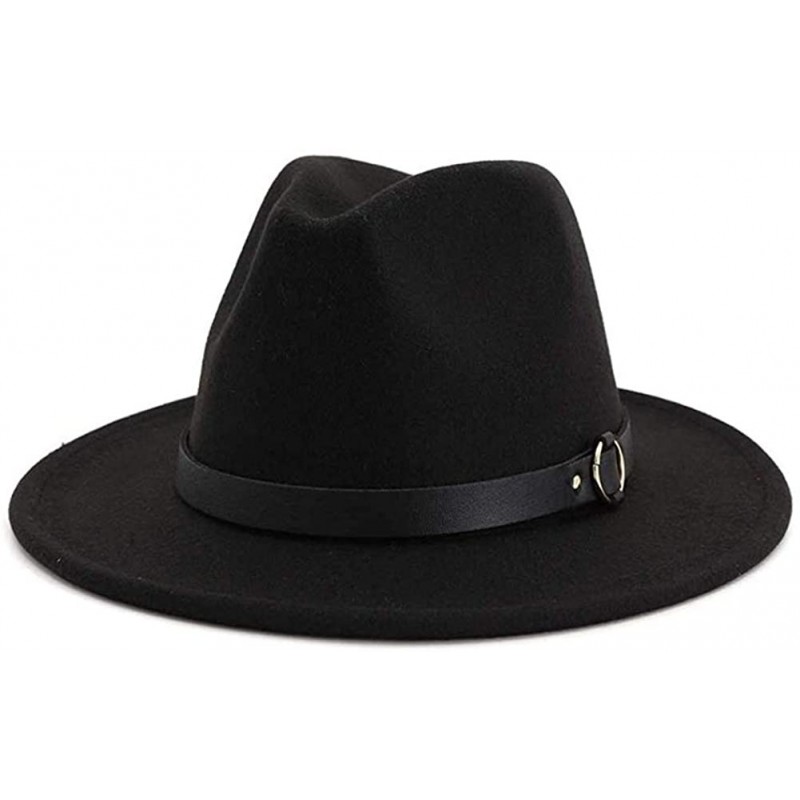 Fedoras Women's Classic Wide Brim Fedora Hat with Belt Buckle Felt Panama Hat - Z2-black - CK18ZKN0OY8 $26.09