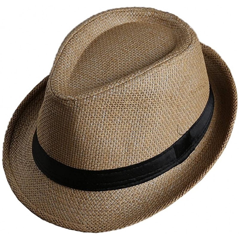 Fedoras Men Women Straw Trilby Hat Fedora Short Upturn Brim FFH391BE1 - Ffh391 Khaki (Stripe Decoration) - CK187HTSZGI $27.72