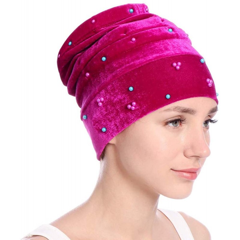 Skullies & Beanies Women Hearwear Velvet Hat Muslim Ruffle Cancer Chemo Beanie Wrap Cap - Hot Pink - C918I3ILAIN $10.43