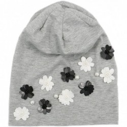 Skullies & Beanies Spaikling Pearl Hat Slouch Beanie Cap with Black White Flowers - Light Grey - CQ18CNY5OG7 $38.64