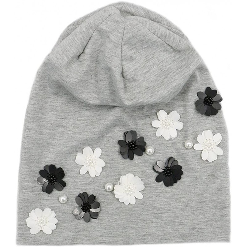 Skullies & Beanies Spaikling Pearl Hat Slouch Beanie Cap with Black White Flowers - Light Grey - CQ18CNY5OG7 $32.86