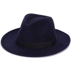 Fedoras Wide Brim Jazz Hat Women's Vintage Fedora Hats British Style - Navy - C312O7DOH46 $56.44
