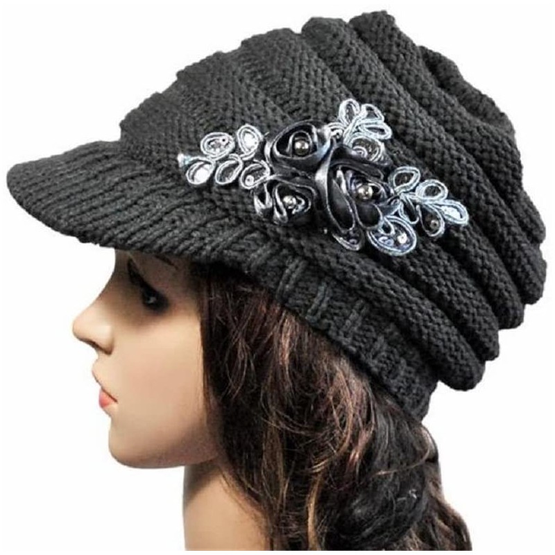 Skullies & Beanies Autumn Winter Women Hat Brim Sequin Applique and Tide Knit Cap (Gray- ONE Size) - Gray - CQ1889H6QMU $14.01