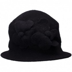 Bucket Hats Solid Color Retro Womens 100% Wool Flower Dress Cloche Bucket Cap Hat A218 - Black - CP11NF57O8Z $29.12