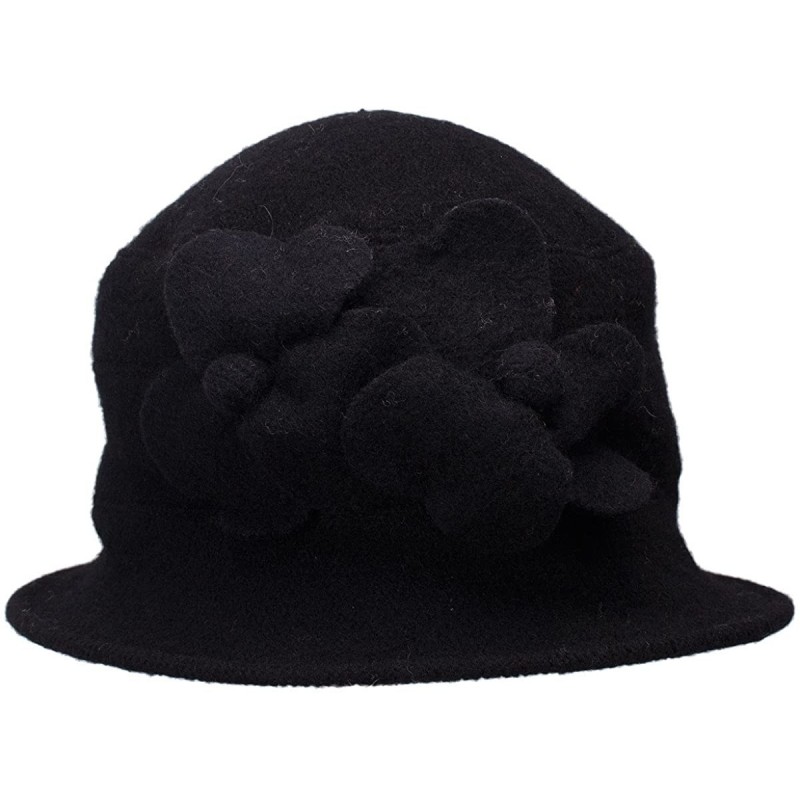 Bucket Hats Solid Color Retro Womens 100% Wool Flower Dress Cloche Bucket Cap Hat A218 - Black - CP11NF57O8Z $19.63