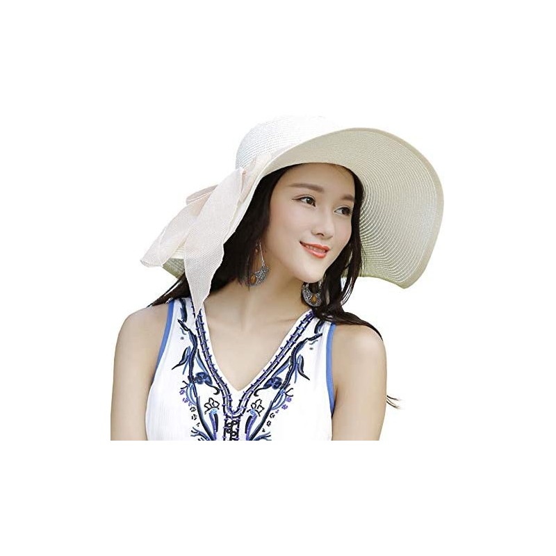 Sun Hats Beach Sun Hat for Women Bow-knot UV UPF 50+Travel Foldable Wide Brim Straw Hat - Ivory White - CS196ERW2US $19.42