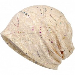 Skullies & Beanies Women Cotton Beanie Lace Soft Sleep Cap Slouchy Chemo Hats - Off-white - CN18DWESSXL $14.89