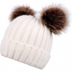 Skullies & Beanies Women's Winter Ski Knit Warm Fleece Beanie Hat w/Double Fur Pom - White Hat Coffee Ball - C218HLKCQW4 $30.09