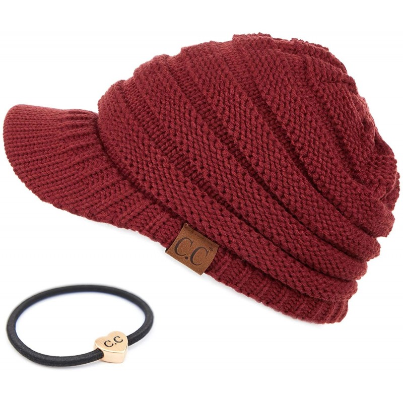 Skullies & Beanies Hatsandscarf Exclusives Women's Ribbed Knit Hat with Brim (YJ-131) - Burgundy With Ponytail Holder - C018X...