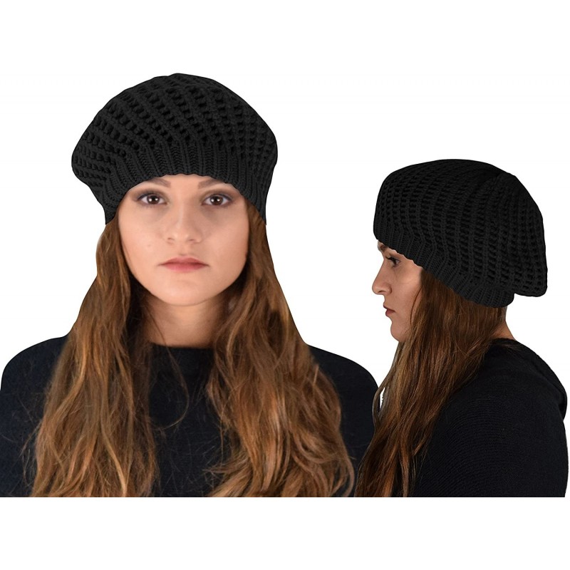 Skullies & Beanies Winter Warm Double Layer Crochet Knit Beret Beanie Slouchy Hat - 2 Black - C912N848Y3I $23.47