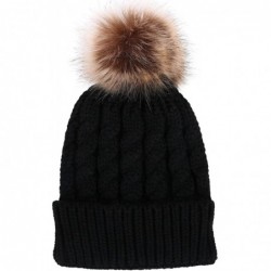 Skullies & Beanies Women Winter Warm Knitted Faux Fur Pom Pom Beanie Hat - Black - C2186YL06ET $19.28