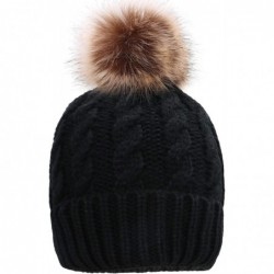 Skullies & Beanies Women Winter Warm Knitted Faux Fur Pom Pom Beanie Hat - Black - C2186YL06ET $19.28