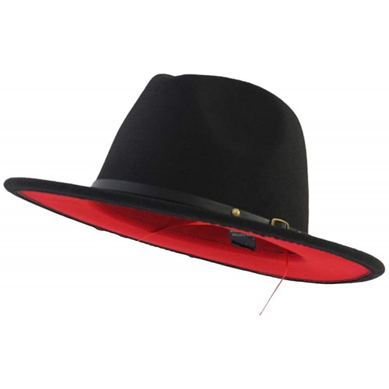 Fedoras Womens Jazz Cap Fedora Hats Black Red Patchwork Wool Felt Belt Buckle Decor Unisex Wide Brim Cowboy Cap Sunhat - CH19...