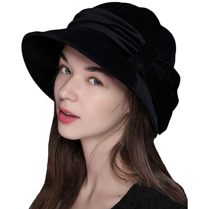 Fedoras Womens Velvet Hats Wide Brim Fedora Bowler Cap Cloche Elegant Church Hat - Black - CG18L42CE97 $37.49