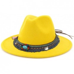 Fedoras Men Women Vintage Felt Fedora Hat Wide Brim Panama Hats with Buckle - Yellow - CE196ANG88R $30.10