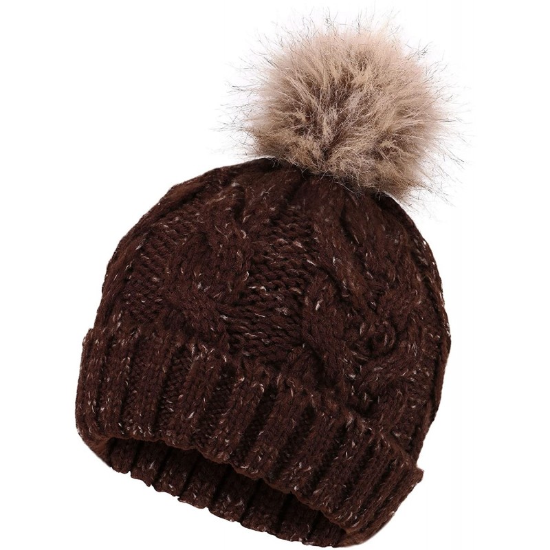 Skullies & Beanies Women's Ultra-Soft Faux Fur Pompom Multicolor Knit Winter Beanie - Mix Brown With Sherpalining - C2189D97E...