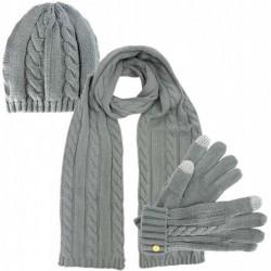 Skullies & Beanies Cable Knit 3 Piece Beanie Hat Texting Gloves & Matching Scarf Set - Light Grey - CY127O6KOZP $51.82