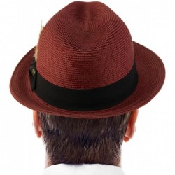 Fedoras Men's Handsome Feather Derby Fedora Tall Crown Upturn Curl Brim Hat - Burgundy - CB18DKSEMN4 $51.03