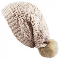 Skullies & Beanies Women's Faux Fur Pom Long Cable Slouch Knit Beanie Skull Hat - Beige - CQ12MX7WJ5L $19.53