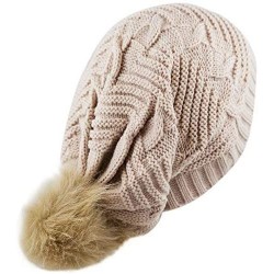 Skullies & Beanies Women's Faux Fur Pom Long Cable Slouch Knit Beanie Skull Hat - Beige - CQ12MX7WJ5L $12.94