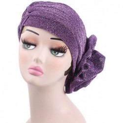 Skullies & Beanies Vintage Flower Twist Pleated Knotted Stretch Turban Hat Muslim Ruffle Beanie Scarf Turban Cap - Purple - C...