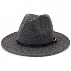 Fedoras Womens Classic Wool Fedora with Belt Buckle Wide Brim Panama Hat - A-dark Grey - CT18YGD2EEZ $29.42