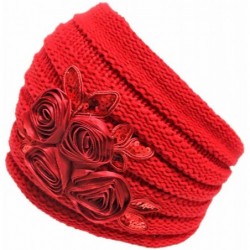 Skullies & Beanies Ribbed Knit Headband with Floral Design - Red - CP11G4LOF25 $36.20